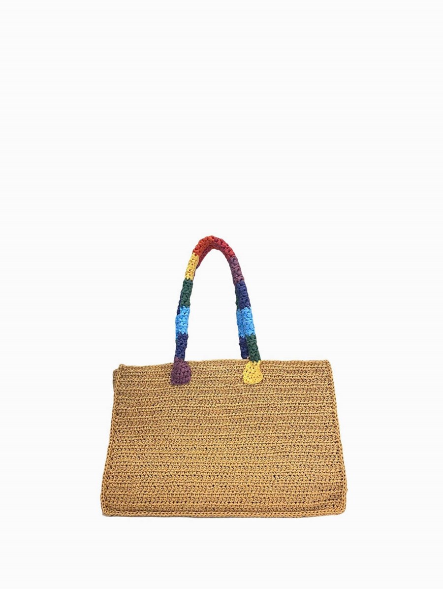 Mehry MU Women's Large Raffia Embroidered Rainbow Tote - Natural - Fall Sale